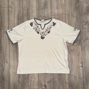 Bon Worth XL White‎ Embroidered Butterfly Floral V Neck Tunic Top Women's